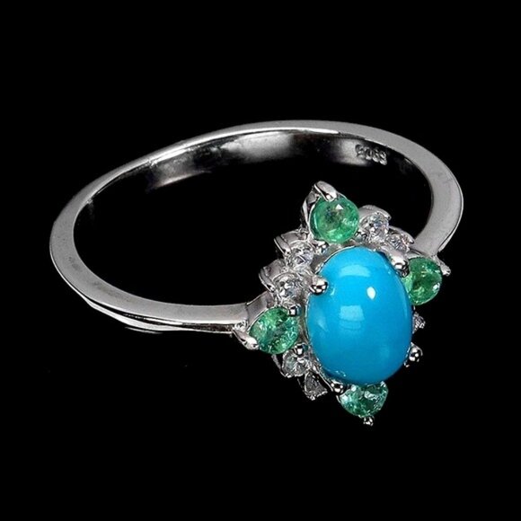 925 Sterling Silver Ring SZ 6.75 with Natural Oval Turquoise 7x5mm & Emerald Gem - Picture 3 of 3